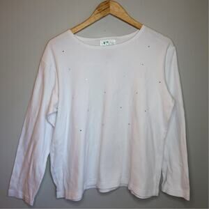 Vintage Quacker Factory White Rhinestone Long Sleeve Top Size Medium